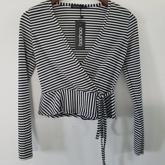 ASOS Boohoo Stripe Side Tie Wrap Top NWT - Picture 3 of 7